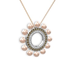 Velinda İnci Kolye - Pembe inci, swarovski ve dumanlı kuvars 8 ayar beyaz altın kolye (40 cm rose altın rolo zincir) #xhi873