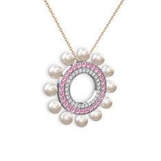 Inci, swarovski ve pembe kuvars 14 ayar beyaz altın kolye (40 cm rose altın rolo zincir)