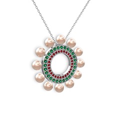 Pembe inci, garnet ve yeşil kuvars 8 ayar beyaz altın kolye (40 cm beyaz altın rolo zincir)