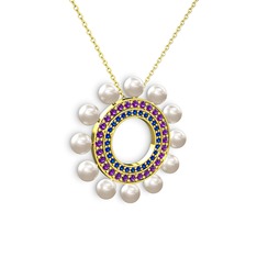 Velinda İnci Kolye - Inci, lab safir ve ametist 8 ayar altın kolye (40 cm altın rolo zincir) #y4wr2p