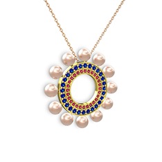 Pembe inci, rodolit garnet ve lab safir 18 ayar altın kolye (40 cm rose altın rolo zincir)