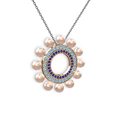 Pembe inci, lab safir ve akuamarin 8 ayar rose altın kolye (40 cm gümüş rolo zincir)