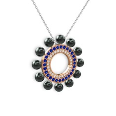 Siyah inci, swarovski ve lab safir 8 ayar rose altın kolye (40 cm beyaz altın rolo zincir)