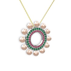 Velinda İnci Kolye - Pembe inci, rodolit garnet ve yeşil kuvars 18 ayar beyaz altın kolye (40 cm altın rolo zincir) #zbh666