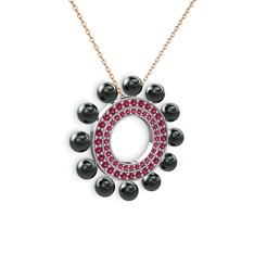 Siyah inci ve rodolit garnet 18 ayar beyaz altın kolye (40 cm rose altın rolo zincir)