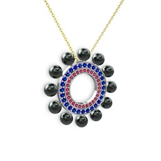 Velinda İnci Kolye - Siyah inci, rodolit garnet ve lab safir 925 ayar gümüş kolye (40 cm altın rolo zincir) #zp8b28