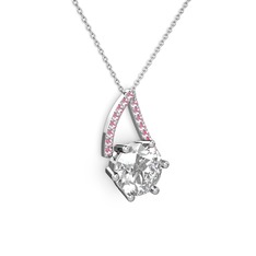 Swarovski ve pembe kuvars 8 ayar beyaz altın kolye (40 cm gümüş rolo zincir)