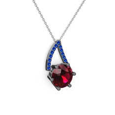 Tirian Kolye - Rodolit garnet ve lab safir 925 ayar siyah rodyum kaplama gümüş kolye (40 cm beyaz altın rolo zincir) #12ar860