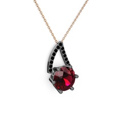 Rodolit garnet ve siyah zirkon 925 ayar siyah rodyum kaplama gümüş kolye (40 cm rose altın rolo zincir)