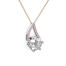 Swarovski ve pembe kuvars 18 ayar beyaz altın kolye (40 cm rose altın rolo zincir)
