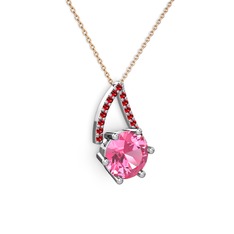 Pembe kuvars ve garnet 8 ayar beyaz altın kolye (40 cm rose altın rolo zincir)