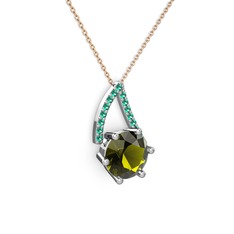 Peridot ve yeşil kuvars 14 ayar beyaz altın kolye (40 cm rose altın rolo zincir)