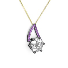 Swarovski ve ametist 925 ayar siyah rodyum kaplama gümüş kolye (40 cm altın rolo zincir)