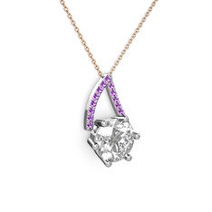 Swarovski ve ametist 8 ayar beyaz altın kolye (40 cm rose altın rolo zincir)
