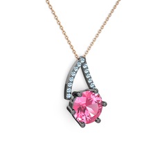 Pembe kuvars ve akuamarin 925 ayar siyah rodyum kaplama gümüş kolye (40 cm rose altın rolo zincir)