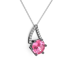 Pembe kuvars ve pırlanta 925 ayar siyah rodyum kaplama gümüş kolye (0.24 karat, 40 cm beyaz altın rolo zincir)