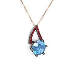 Akuamarin ve garnet 925 ayar siyah rodyum kaplama gümüş kolye (40 cm rose altın rolo zincir)