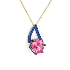 Pembe kuvars ve lab safir 925 ayar siyah rodyum kaplama gümüş kolye (40 cm altın rolo zincir)