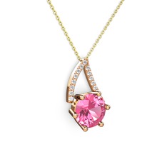 Pembe kuvars ve beyaz zirkon 925 ayar rose altın kaplama gümüş kolye (40 cm altın rolo zincir)