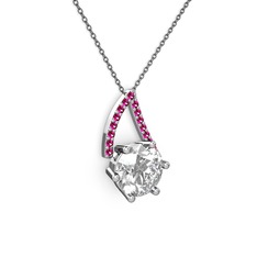 Beyaz zirkon ve rodolit garnet 14 ayar beyaz altın kolye (40 cm gümüş rolo zincir)