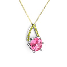 Pembe kuvars ve peridot 8 ayar beyaz altın kolye (40 cm altın rolo zincir)