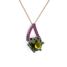 Peridot ve rodolit garnet 925 ayar siyah rodyum kaplama gümüş kolye (40 cm rose altın rolo zincir)