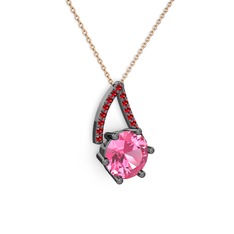 Tirian Kolye - Pembe kuvars ve garnet 925 ayar siyah rodyum kaplama gümüş kolye (40 cm rose altın rolo zincir) #ol07bm