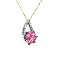 Pembe kuvars ve beyaz zirkon 925 ayar siyah rodyum kaplama gümüş kolye (40 cm gümüş rolo zincir)