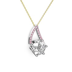 Swarovski ve pembe kuvars 14 ayar beyaz altın kolye (40 cm gümüş rolo zincir)