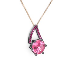 Pembe kuvars ve rodolit garnet 925 ayar siyah rodyum kaplama gümüş kolye (40 cm rose altın rolo zincir)