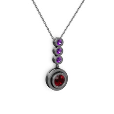 Garnet ve ametist 925 ayar siyah rodyum kaplama gümüş kolye (40 cm gümüş rolo zincir)