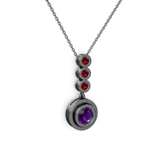 Ametist ve garnet 925 ayar siyah rodyum kaplama gümüş kolye (40 cm gümüş rolo zincir)