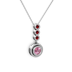 Pembe kuvars ve garnet 18 ayar beyaz altın kolye (40 cm beyaz altın rolo zincir)