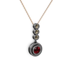 Garnet ve dumanlı kuvars 925 ayar siyah rodyum kaplama gümüş kolye (40 cm rose altın rolo zincir)