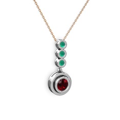 Garnet ve kök zümrüt 18 ayar beyaz altın kolye (40 cm rose altın rolo zincir)