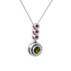 Peridot ve kök yakut 8 ayar beyaz altın kolye (40 cm beyaz altın rolo zincir)