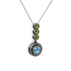 Akuamarin ve peridot 925 ayar siyah rodyum kaplama gümüş kolye (40 cm beyaz altın rolo zincir)