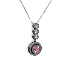 Pembe kuvars ve swarovski 925 ayar siyah rodyum kaplama gümüş kolye (40 cm gümüş rolo zincir)