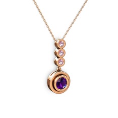 Ametist ve pembe kuvars 14 ayar rose altın kolye (40 cm rose altın rolo zincir)