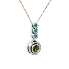 Peridot ve kök zümrüt 14 ayar beyaz altın kolye (40 cm rose altın rolo zincir)