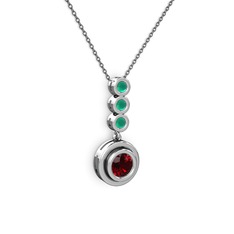Garnet ve kök zümrüt 14 ayar beyaz altın kolye (40 cm gümüş rolo zincir)