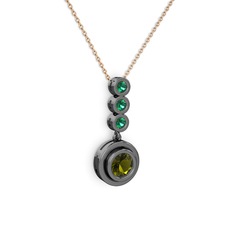 Peridot ve yeşil kuvars 925 ayar siyah rodyum kaplama gümüş kolye (40 cm rose altın rolo zincir)