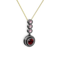 Garnet ve pembe kuvars 925 ayar siyah rodyum kaplama gümüş kolye (40 cm altın rolo zincir)