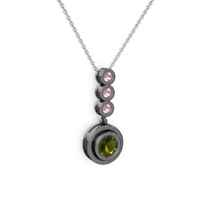Peridot ve pembe kuvars 925 ayar siyah rodyum kaplama gümüş kolye (40 cm beyaz altın rolo zincir)