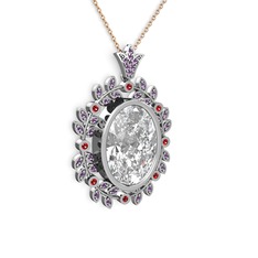 Beyaz zirkon, ametist ve garnet 18 ayar beyaz altın kolye (40 cm rose altın rolo zincir)