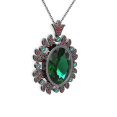 Belka Demet Taç Kolye - Yeşil kuvars ve garnet 925 ayar siyah rodyum kaplama gümüş kolye (40 cm gümüş rolo zincir) #15nnggg