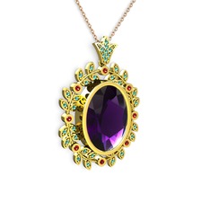 Ametist, yeşil kuvars ve garnet 925 ayar altın kaplama gümüş kolye (40 cm rose altın rolo zincir)