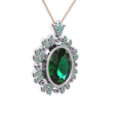 Yeşil kuvars ve ametist 14 ayar beyaz altın kolye (40 cm gümüş rolo zincir)