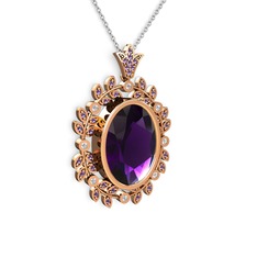 Ametist ve beyaz zirkon 18 ayar rose altın kolye (40 cm beyaz altın rolo zincir)