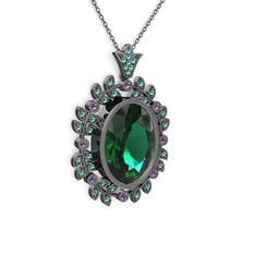 Belka Demet Taç Kolye - Yeşil kuvars ve ametist 925 ayar siyah rodyum kaplama gümüş kolye (40 cm gümüş rolo zincir) #1acf4fi